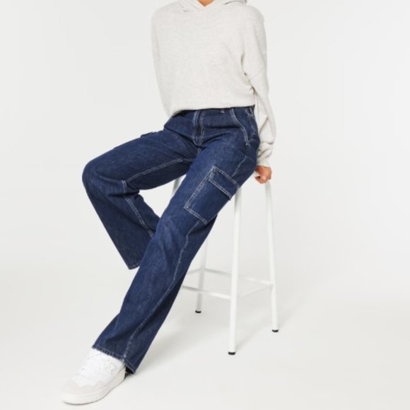 HOLLISTER Ultra High-Rise Lightweight Dark Wash Cargo Baggy Jeans - Picture 1 of 7
